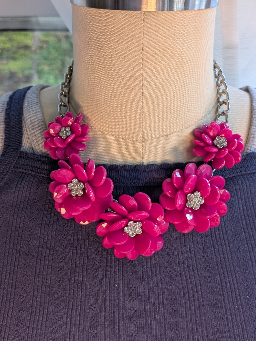 Magenta Pink Floral Statement Necklace Rhinestone Crystal Centers Silver Chain
